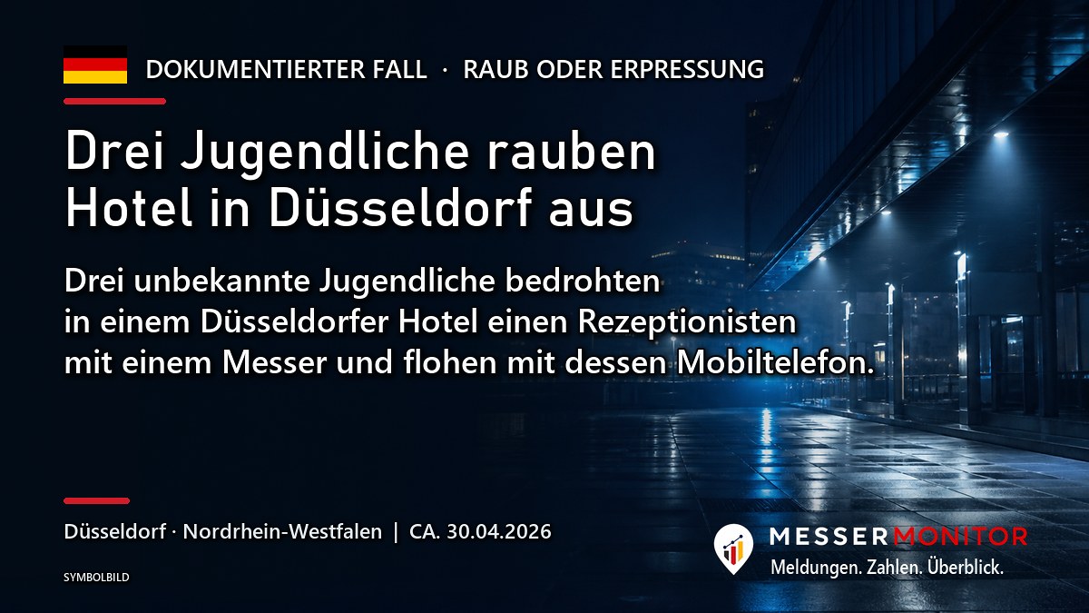 Titelgrafik: Drei Jugendliche rauben Hotel in Düsseldorf aus. Drei unbekannte Jugendliche bedrohten in einem Düsseldorfer Hotel einen Rezeptionisten mit einem Messer und flohen mit dessen Mobiltelefon..