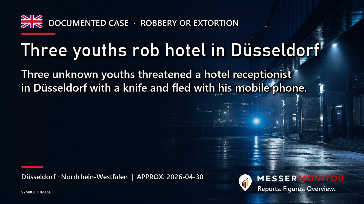 Title image: Three youths rob hotel in Düsseldorf. Three unknown youths threatened a hotel receptionist in Düsseldorf with a knife and fled with his mobile phone..
