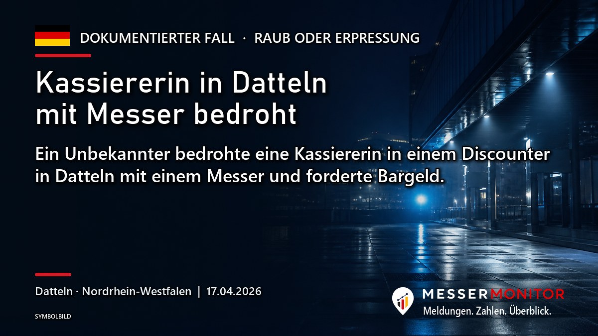Titelgrafik: Kassiererin in Datteln mit Messer bedroht. Ein Unbekannter bedrohte eine Kassiererin in einem Discounter in Datteln mit einem Messer und forderte Bargeld..