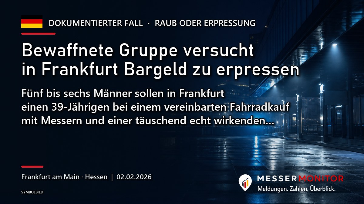 Titelgrafik: Bewaffnete Gruppe versucht in Frankfurt Bargeld zu erpressen. Fünf bis sechs Männer sollen in Frankfurt einen 39-Jährigen bei einem vereinbarten Fahrradkauf mit Messern und einer täuschend echt wirkenden….