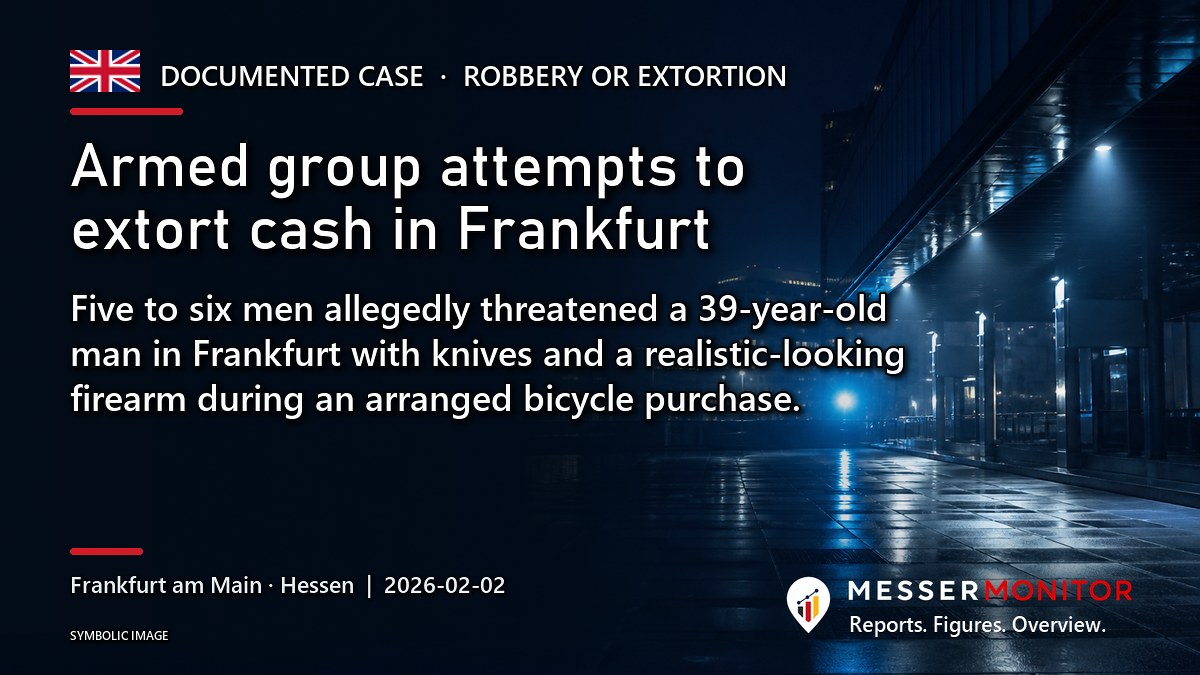 Title image: Armed group attempts to extort cash in Frankfurt. Five to six men allegedly threatened a 39-year-old man in Frankfurt with knives and a realistic-looking firearm during an arranged bicycle purchase..