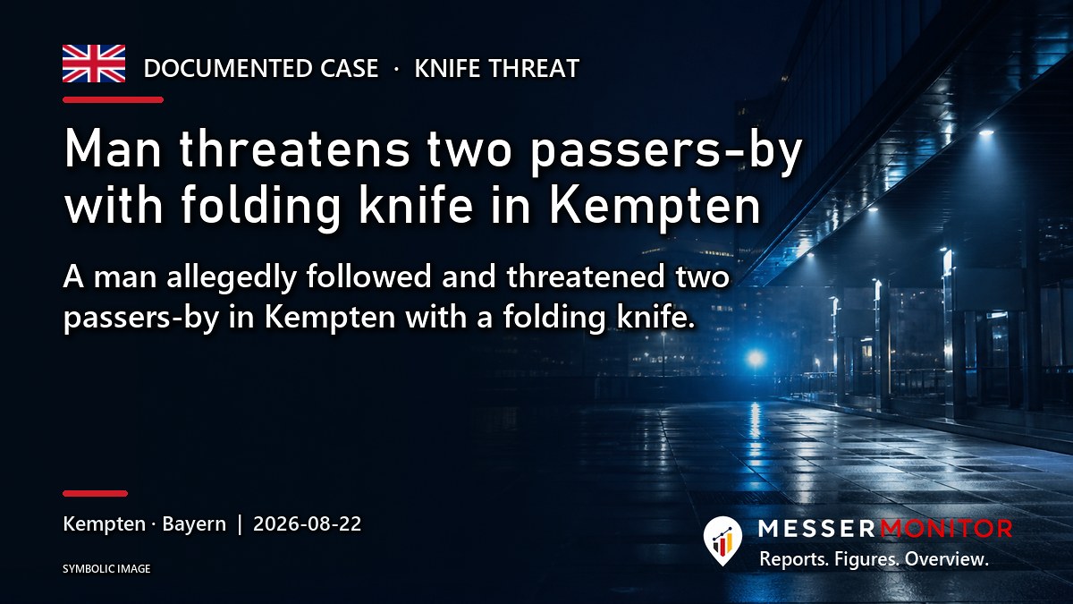Title image: Man threatens two passers-by with folding knife in Kempten. A man allegedly followed and threatened two passers-by in Kempten with a folding knife..