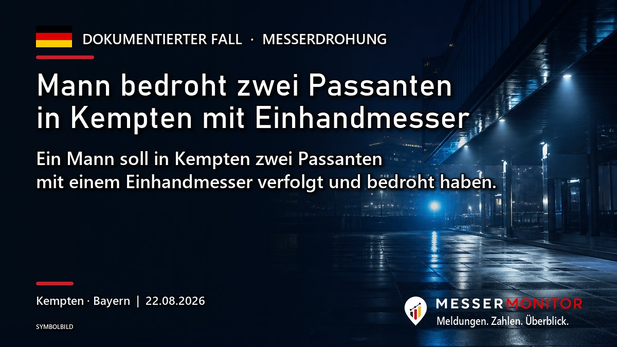 Titelgrafik: Mann bedroht zwei Passanten in Kempten mit Einhandmesser. Ein Mann soll in Kempten zwei Passanten mit einem Einhandmesser verfolgt und bedroht haben..