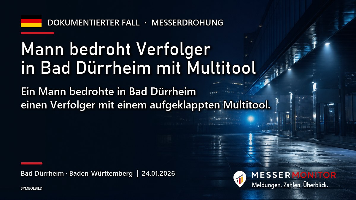 Titelgrafik: Mann bedroht Verfolger in Bad Dürrheim mit Multitool. Ein Mann bedrohte in Bad Dürrheim einen Verfolger mit einem aufgeklappten Multitool..