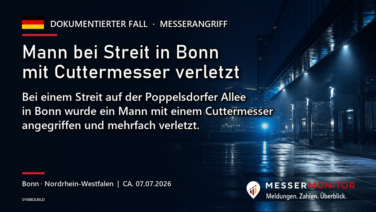 Titelgrafik: Mann bei Streit in Bonn mit Cuttermesser verletzt. Bei einem Streit auf der Poppelsdorfer Allee in Bonn wurde ein Mann mit einem Cuttermesser angegriffen und mehrfach verletzt..