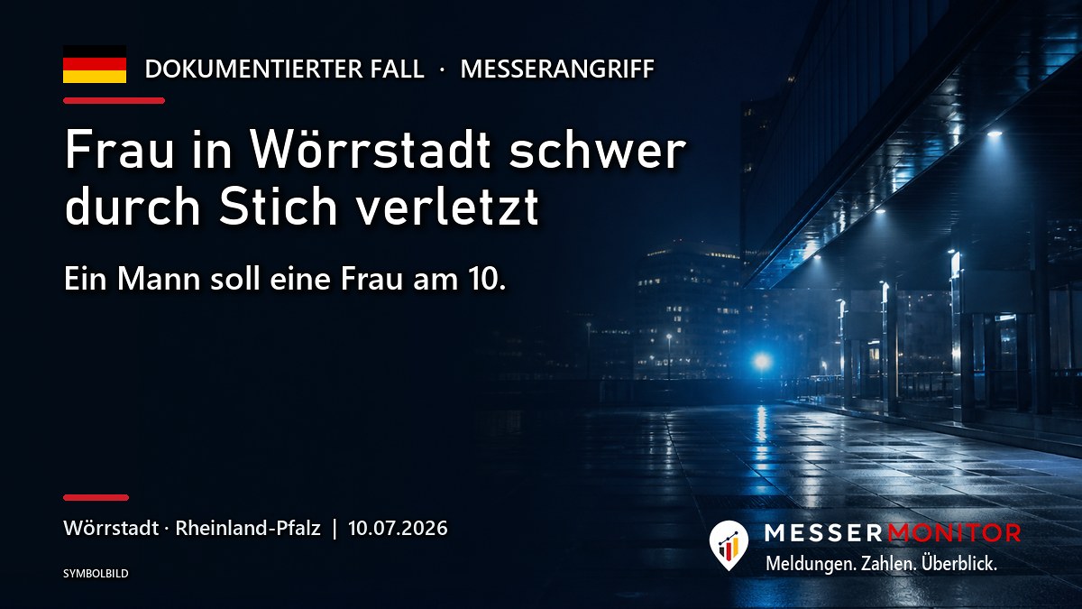 Titelgrafik: Frau in Wörrstadt schwer durch Stich verletzt. Ein Mann soll eine Frau am 10..