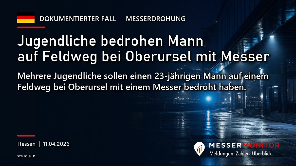 Titelgrafik: Jugendliche bedrohen Mann auf Feldweg bei Oberursel mit Messer. Mehrere Jugendliche sollen einen 23-jährigen Mann auf einem Feldweg bei Oberursel mit einem Messer bedroht haben..