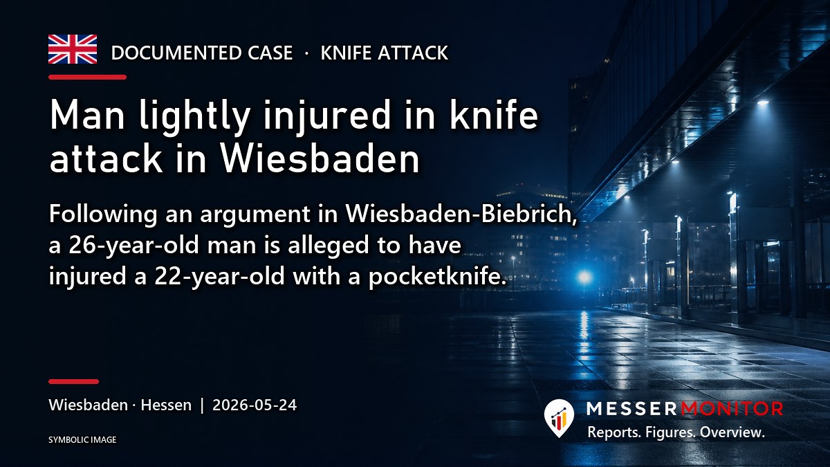 Title image: Man lightly injured in knife attack in Wiesbaden. Following an argument in Wiesbaden-Biebrich, a 26-year-old man is alleged to have injured a 22-year-old with a pocketknife..