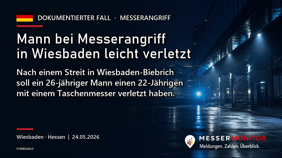 Titelgrafik: Mann bei Messerangriff in Wiesbaden leicht verletzt. Nach einem Streit in Wiesbaden-Biebrich soll ein 26-jähriger Mann einen 22-Jährigen mit einem Taschenmesser verletzt haben..