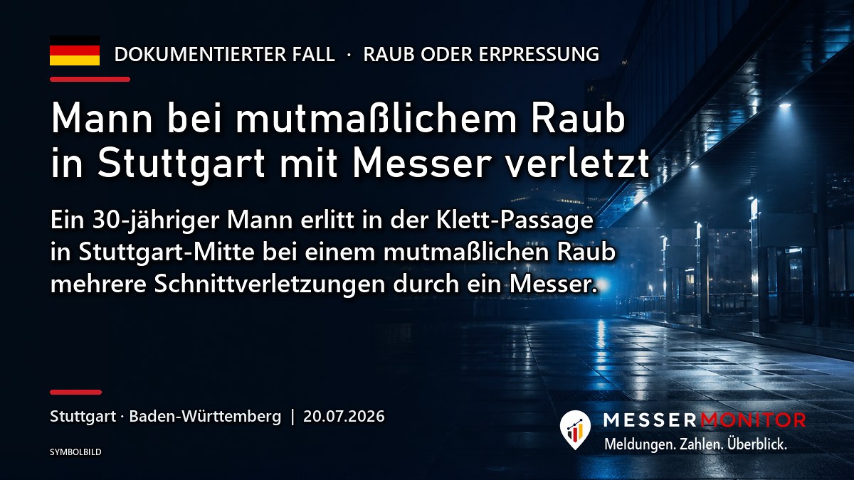 Titelgrafik: Mann bei mutmaßlichem Raub in Stuttgart mit Messer verletzt. Ein 30-jähriger Mann erlitt in der Klett-Passage in Stuttgart-Mitte bei einem mutmaßlichen Raub mehrere Schnittverletzungen durch ein Messer..