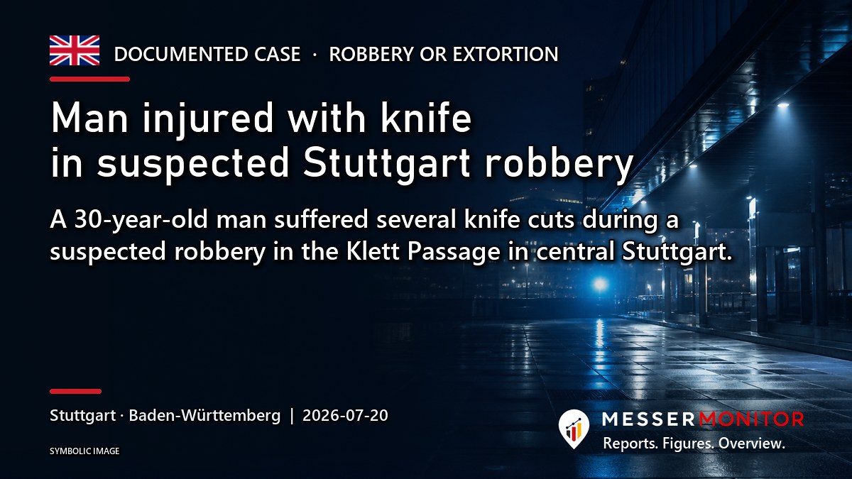 Title image: Man injured with knife in suspected Stuttgart robbery. A 30-year-old man suffered several knife cuts during a suspected robbery in the Klett Passage in central Stuttgart..