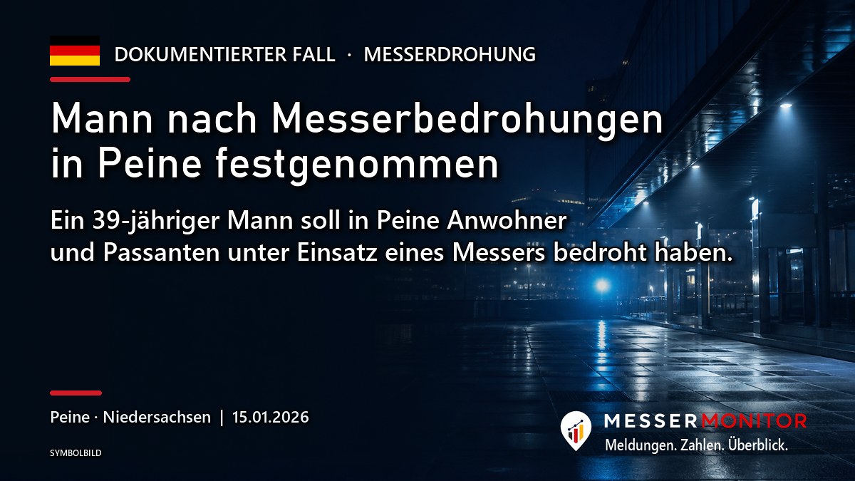 Titelgrafik: Mann nach Messerbedrohungen in Peine festgenommen. Ein 39-jähriger Mann soll in Peine Anwohner und Passanten unter Einsatz eines Messers bedroht haben..
