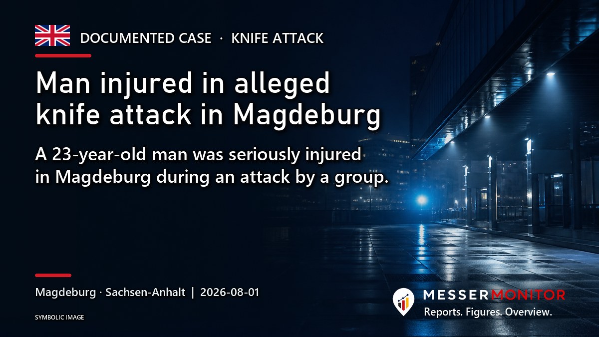 Title image: Man injured in alleged knife attack in Magdeburg. A 23-year-old man was seriously injured in Magdeburg during an attack by a group..