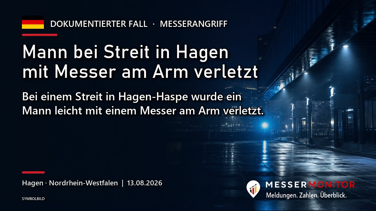Titelgrafik: Mann bei Streit in Hagen mit Messer am Arm verletzt. Bei einem Streit in Hagen-Haspe wurde ein Mann leicht mit einem Messer am Arm verletzt..