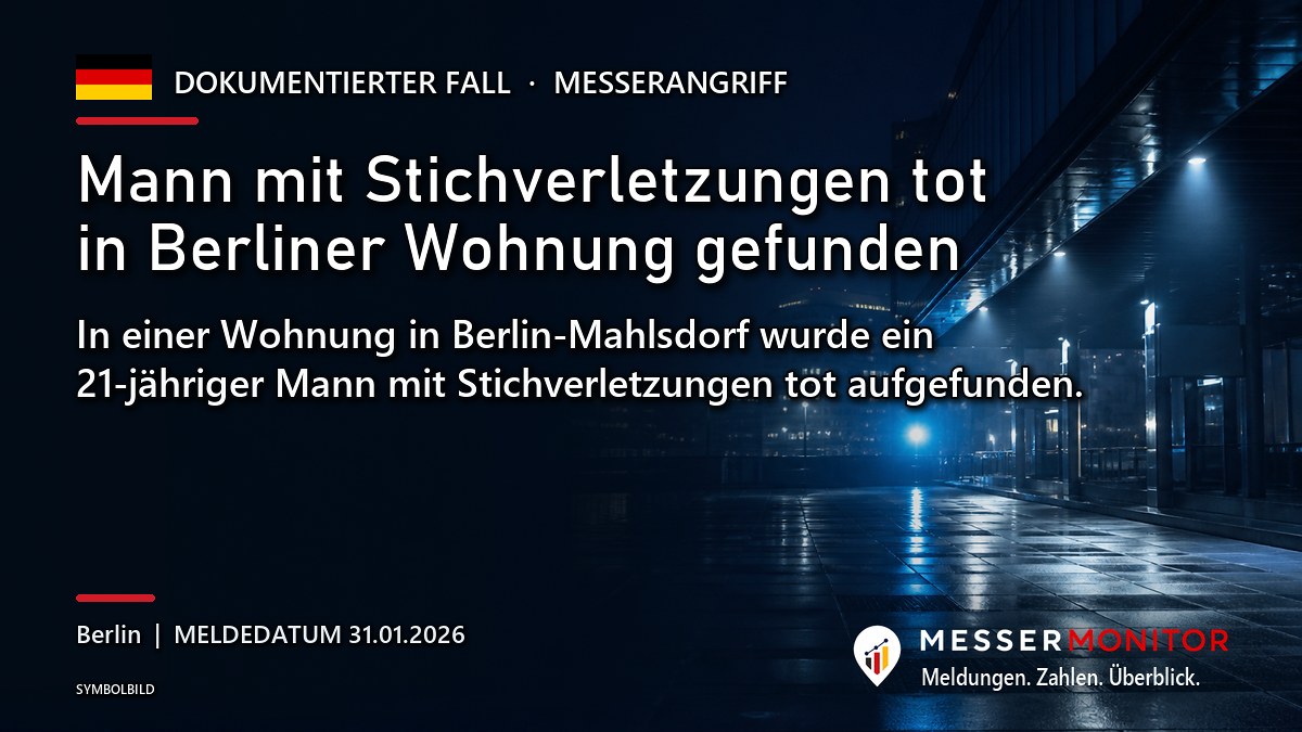 Titelgrafik: Mann mit Stichverletzungen tot in Berliner Wohnung gefunden. In einer Wohnung in Berlin-Mahlsdorf wurde ein 21-jähriger Mann mit Stichverletzungen tot aufgefunden..