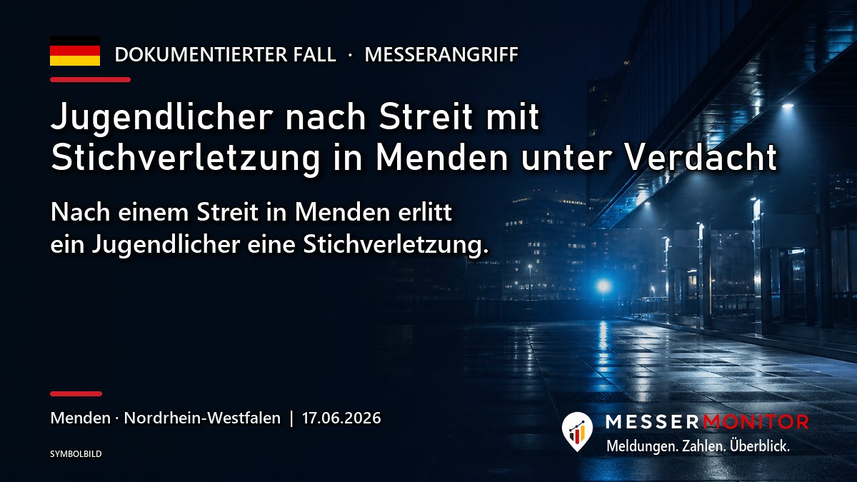 Titelgrafik: Jugendlicher nach Streit mit Stichverletzung in Menden unter Verdacht. Nach einem Streit in Menden erlitt ein Jugendlicher eine Stichverletzung..