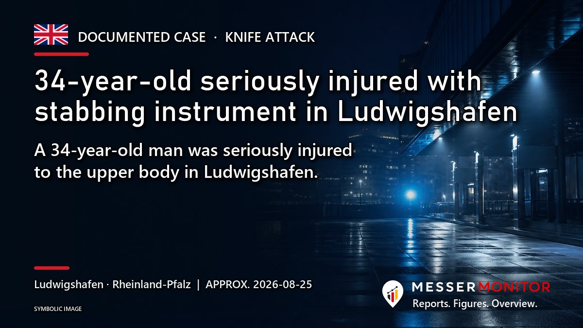 Title image: 34-year-old seriously injured with stabbing instrument in Ludwigshafen. A 34-year-old man was seriously injured to the upper body in Ludwigshafen..