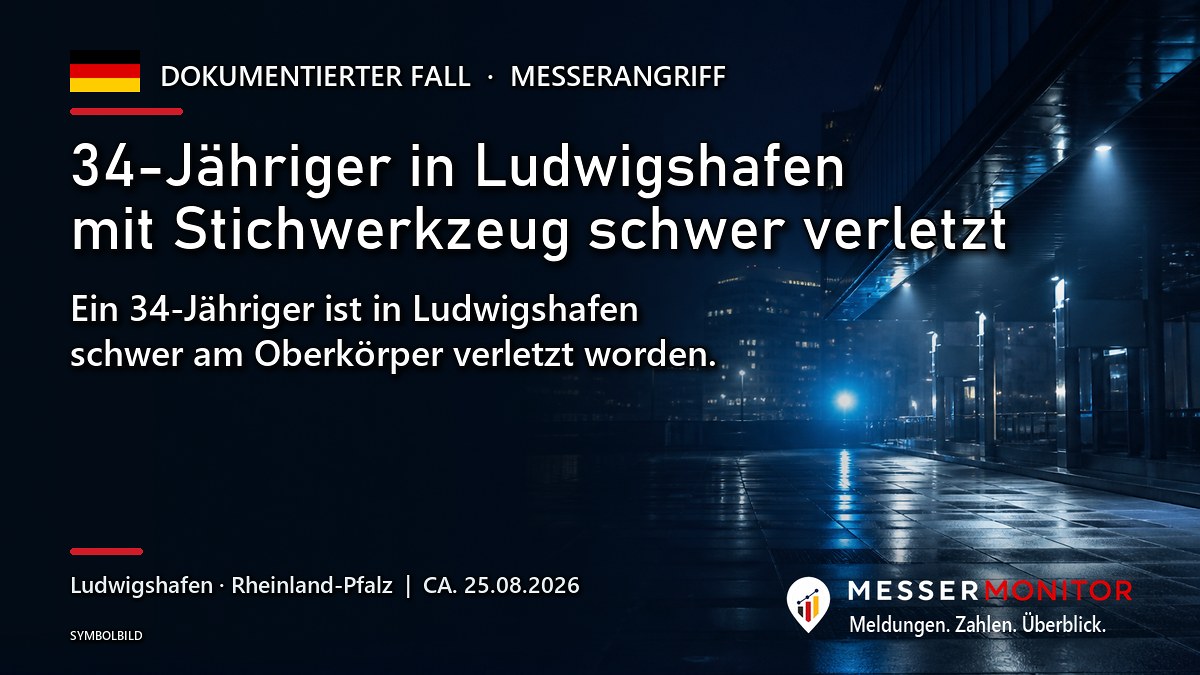 Titelgrafik: 34-Jähriger in Ludwigshafen mit Stichwerkzeug schwer verletzt. Ein 34-Jähriger ist in Ludwigshafen schwer am Oberkörper verletzt worden..
