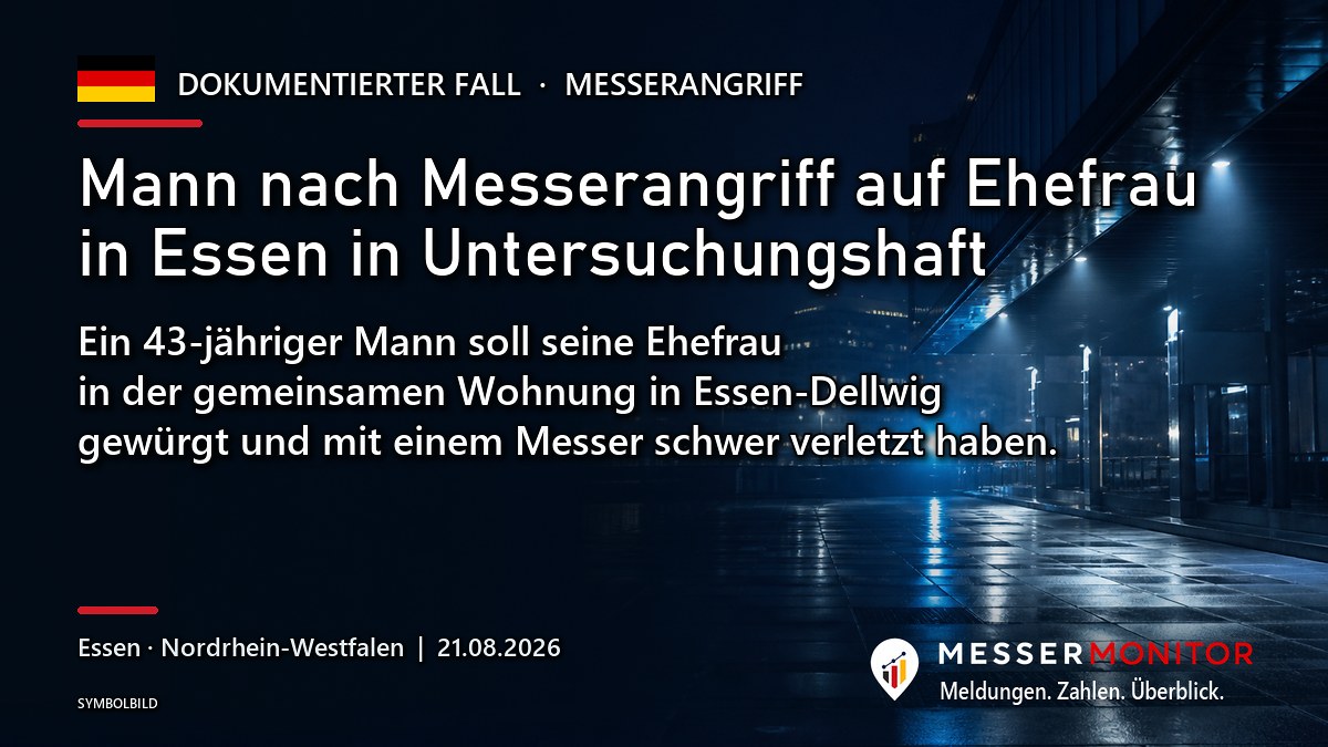 Titelgrafik: Mann nach Messerangriff auf Ehefrau in Essen in Untersuchungshaft. Ein 43-jähriger Mann soll seine Ehefrau in der gemeinsamen Wohnung in Essen-Dellwig gewürgt und mit einem Messer schwer verletzt haben..
