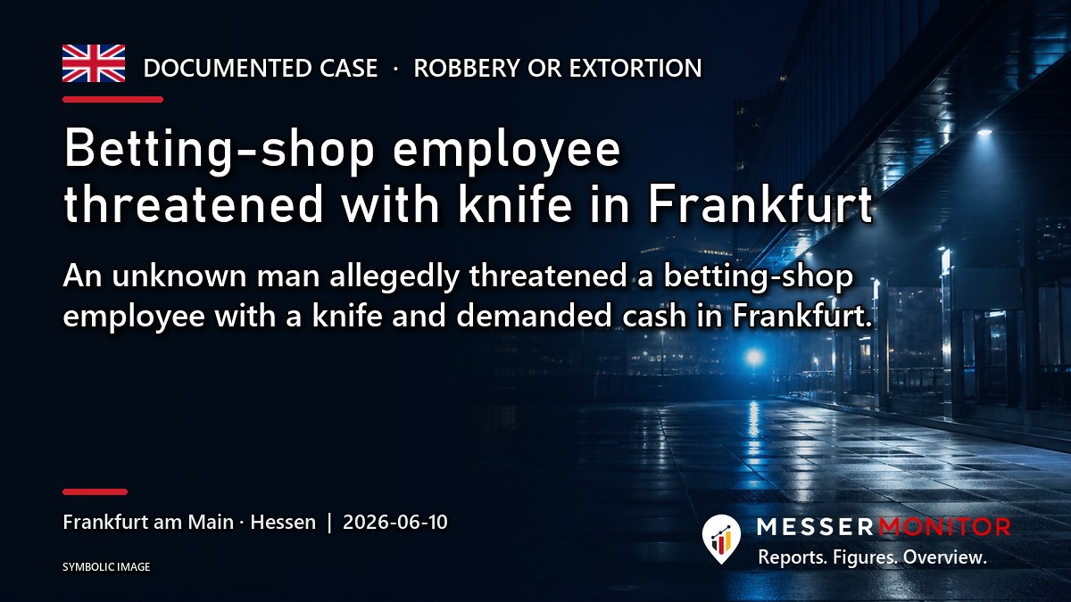 Title image: Betting-shop employee threatened with knife in Frankfurt. An unknown man allegedly threatened a betting-shop employee with a knife and demanded cash in Frankfurt..