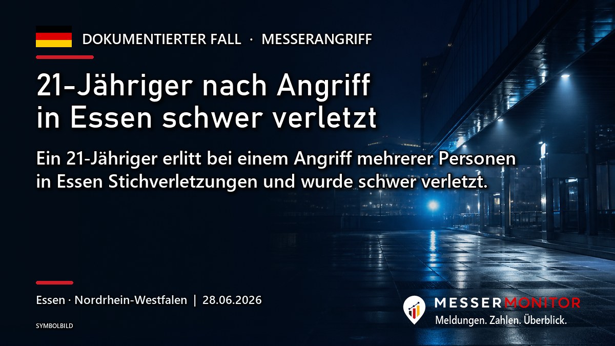 Titelgrafik: 21-Jähriger nach Angriff in Essen schwer verletzt. Ein 21-Jähriger erlitt bei einem Angriff mehrerer Personen in Essen Stichverletzungen und wurde schwer verletzt..