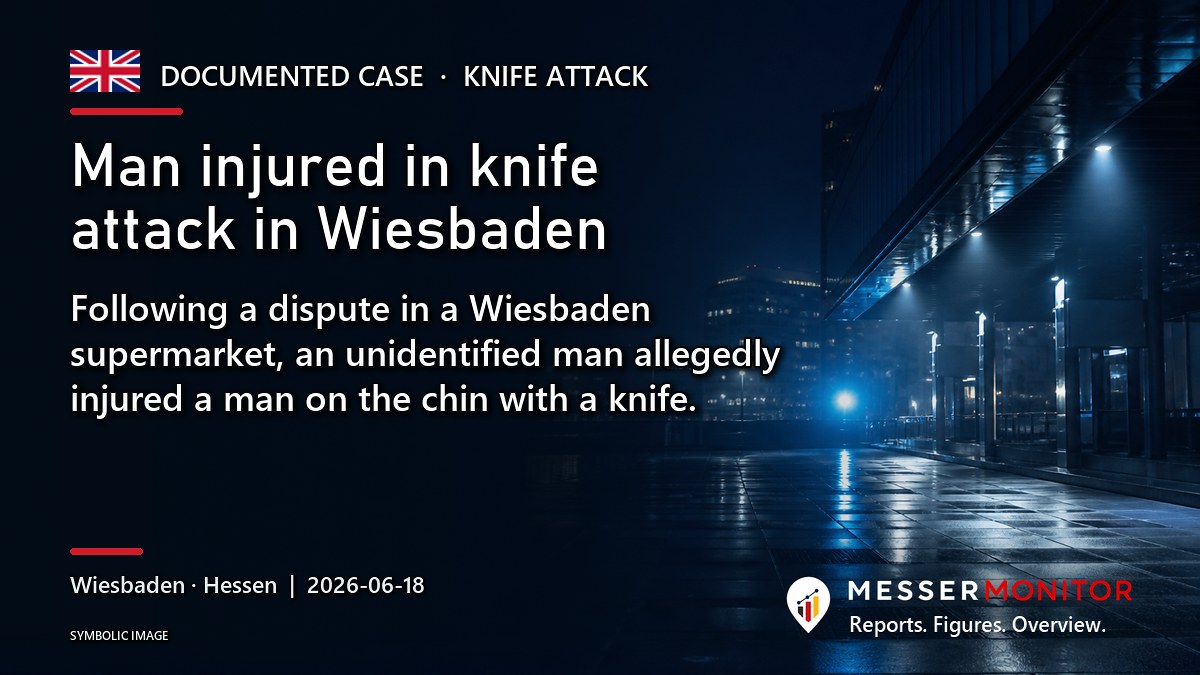 Title image: Man injured in knife attack in Wiesbaden. Following a dispute in a Wiesbaden supermarket, an unidentified man allegedly injured a man on the chin with a knife..