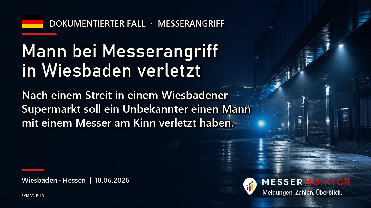 Titelgrafik: Mann bei Messerangriff in Wiesbaden verletzt. Nach einem Streit in einem Wiesbadener Supermarkt soll ein Unbekannter einen Mann mit einem Messer am Kinn verletzt haben..