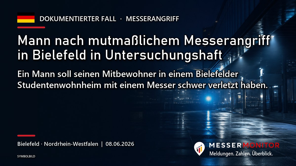 Titelgrafik: Mann nach mutmaßlichem Messerangriff in Bielefeld in Untersuchungshaft. Ein Mann soll seinen Mitbewohner in einem Bielefelder Studentenwohnheim mit einem Messer schwer verletzt haben..