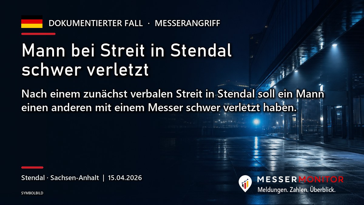 Titelgrafik: Mann bei Streit in Stendal schwer verletzt. Nach einem zunächst verbalen Streit in Stendal soll ein Mann einen anderen mit einem Messer schwer verletzt haben..
