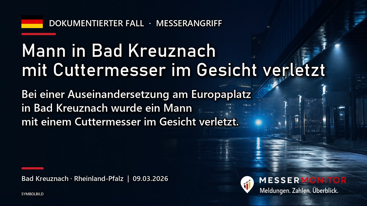 Titelgrafik: Mann in Bad Kreuznach mit Cuttermesser im Gesicht verletzt. Bei einer Auseinandersetzung am Europaplatz in Bad Kreuznach wurde ein Mann mit einem Cuttermesser im Gesicht verletzt..
