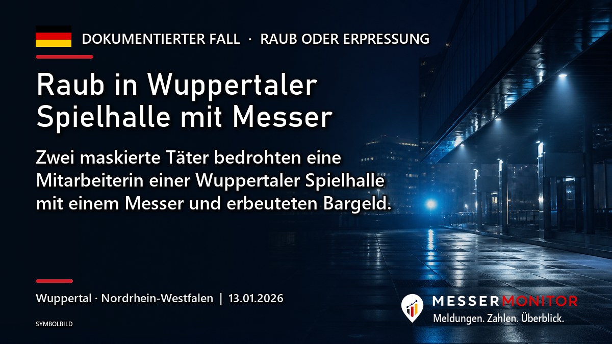 Titelgrafik: Raub in Wuppertaler Spielhalle mit Messer. Zwei maskierte Täter bedrohten eine Mitarbeiterin einer Wuppertaler Spielhalle mit einem Messer und erbeuteten Bargeld..