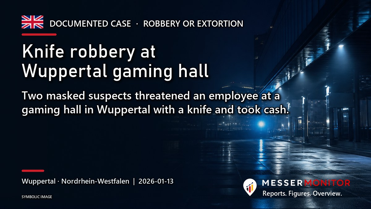 Title image: Knife robbery at Wuppertal gaming hall. Two masked suspects threatened an employee at a gaming hall in Wuppertal with a knife and took cash..