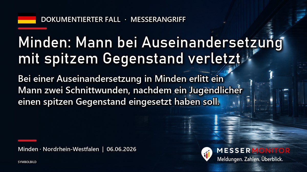 Titelgrafik: Minden: Mann bei Auseinandersetzung mit spitzem Gegenstand verletzt. Bei einer Auseinandersetzung in Minden erlitt ein Mann zwei Schnittwunden, nachdem ein Jugendlicher einen spitzen Gegenstand eingesetzt haben soll..