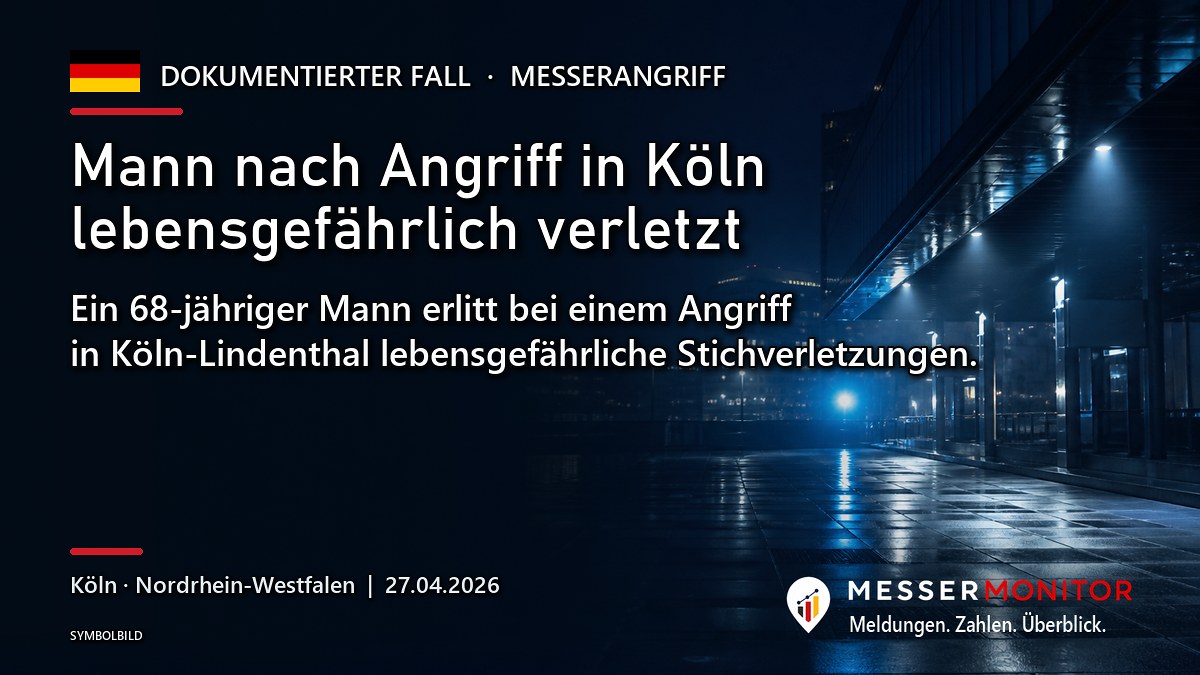 Titelgrafik: Mann nach Angriff in Köln lebensgefährlich verletzt. Ein 68-jähriger Mann erlitt bei einem Angriff in Köln-Lindenthal lebensgefährliche Stichverletzungen..