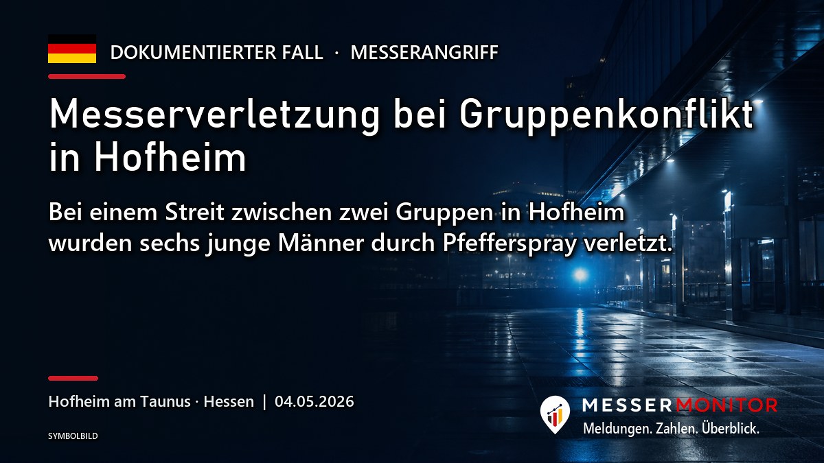 Titelgrafik: Messerverletzung bei Gruppenkonflikt in Hofheim. Bei einem Streit zwischen zwei Gruppen in Hofheim wurden sechs junge Männer durch Pfefferspray verletzt..