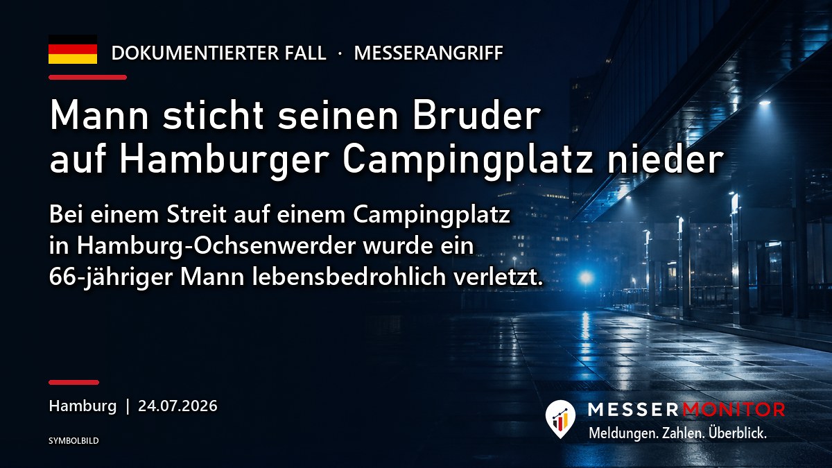 Titelgrafik: Mann sticht seinen Bruder auf Hamburger Campingplatz nieder. Bei einem Streit auf einem Campingplatz in Hamburg-Ochsenwerder wurde ein 66-jähriger Mann lebensbedrohlich verletzt..