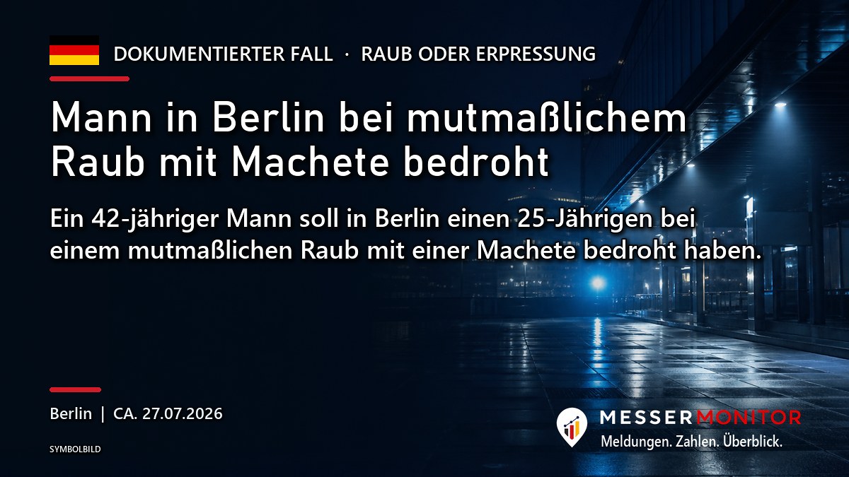 Titelgrafik: Mann in Berlin bei mutmaßlichem Raub mit Machete bedroht. Ein 42-jähriger Mann soll in Berlin einen 25-Jährigen bei einem mutmaßlichen Raub mit einer Machete bedroht haben..