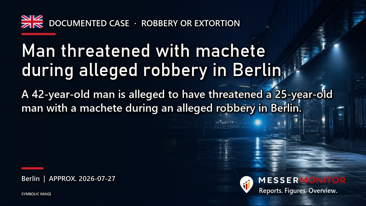 Title image: Man threatened with machete during alleged robbery in Berlin. A 42-year-old man is alleged to have threatened a 25-year-old man with a machete during an alleged robbery in Berlin..