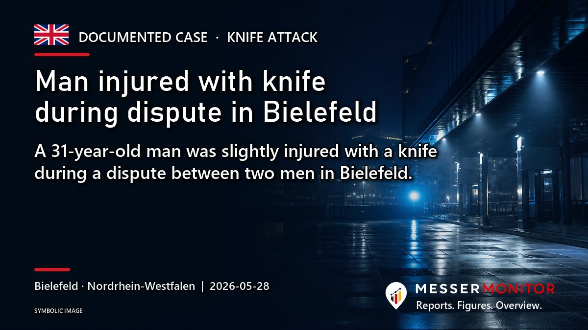 Title image: Man injured with knife during dispute in Bielefeld. A 31-year-old man was slightly injured with a knife during a dispute between two men in Bielefeld..