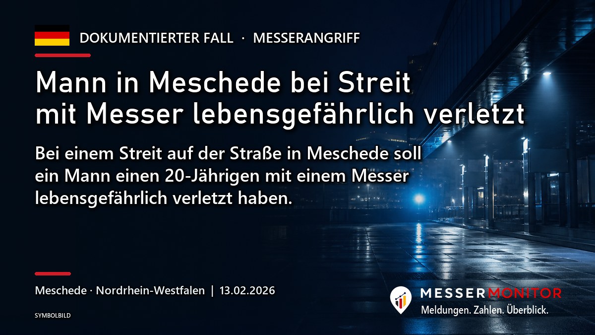 Titelgrafik: Mann in Meschede bei Streit mit Messer lebensgefährlich verletzt. Bei einem Streit auf der Straße in Meschede soll ein Mann einen 20-Jährigen mit einem Messer lebensgefährlich verletzt haben..