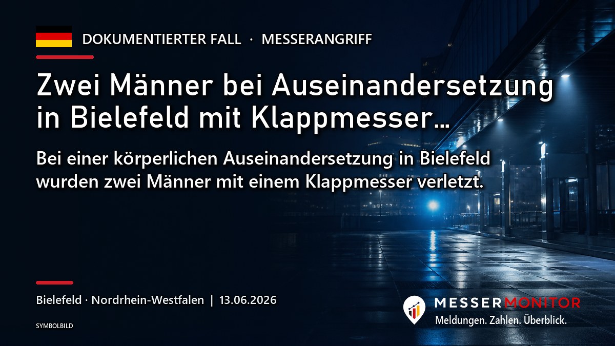 Titelgrafik: Zwei Männer bei Auseinandersetzung in Bielefeld mit Klappmesser…. Bei einer körperlichen Auseinandersetzung in Bielefeld wurden zwei Männer mit einem Klappmesser verletzt..