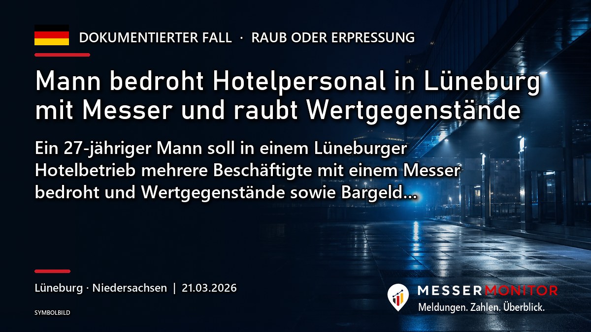 Titelgrafik: Mann bedroht Hotelpersonal in Lüneburg mit Messer und raubt Wertgegenstände. Ein 27-jähriger Mann soll in einem Lüneburger Hotelbetrieb mehrere Beschäftigte mit einem Messer bedroht und Wertgegenstände sowie Bargeld….