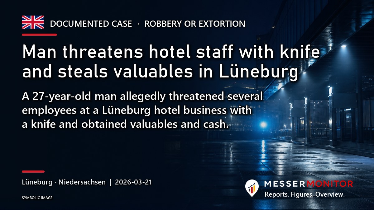 Title image: Man threatens hotel staff with knife and steals valuables in Lüneburg. A 27-year-old man allegedly threatened several employees at a Lüneburg hotel business with a knife and obtained valuables and cash..
