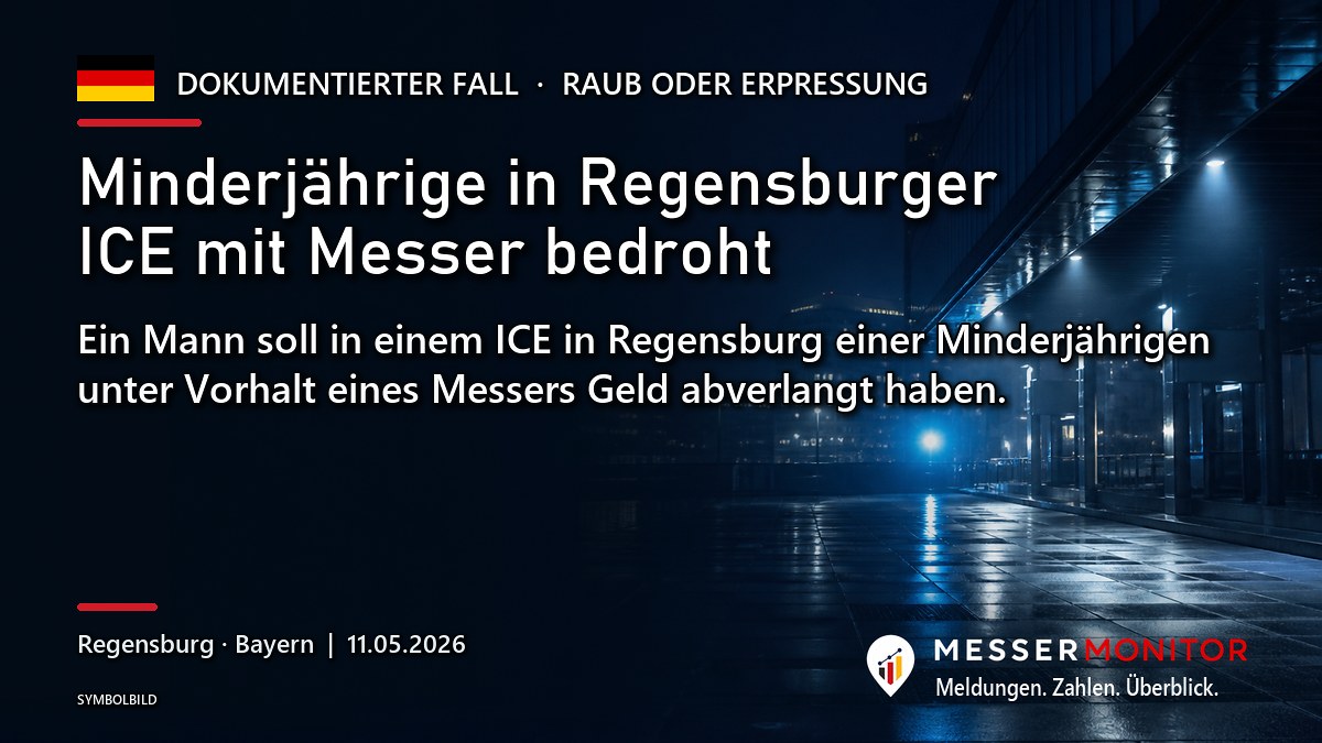 Titelgrafik: Minderjährige in Regensburger ICE mit Messer bedroht. Ein Mann soll in einem ICE in Regensburg einer Minderjährigen unter Vorhalt eines Messers Geld abverlangt haben..