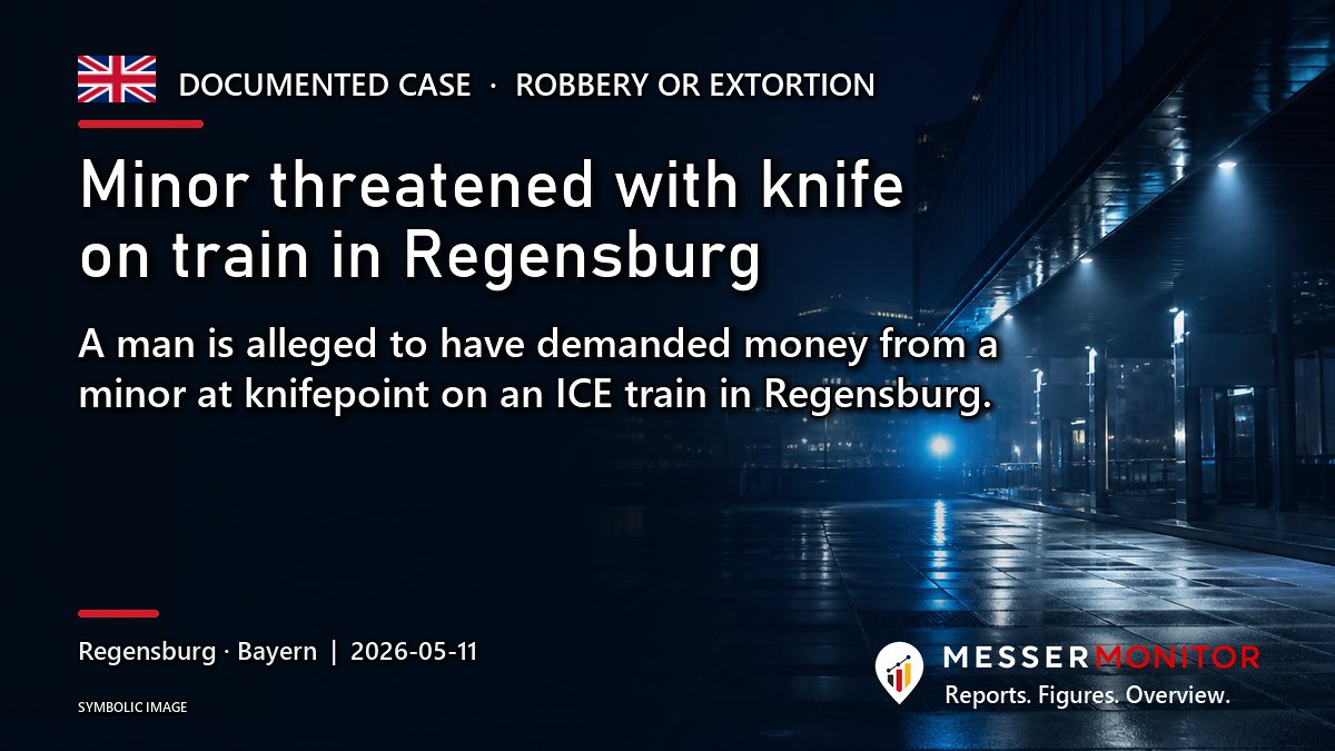 Title image: Minor threatened with knife on train in Regensburg. A man is alleged to have demanded money from a minor at knifepoint on an ICE train in Regensburg..