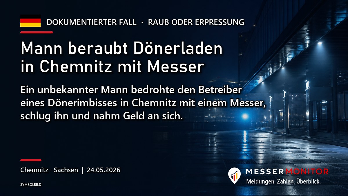 Titelgrafik: Mann beraubt Dönerladen in Chemnitz mit Messer. Ein unbekannter Mann bedrohte den Betreiber eines Dönerimbisses in Chemnitz mit einem Messer, schlug ihn und nahm Geld an sich..