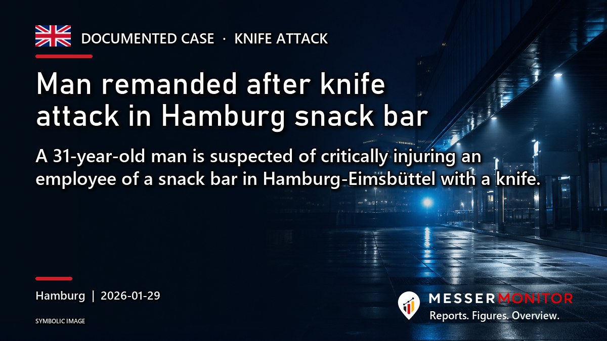 Title image: Man remanded after knife attack in Hamburg snack bar. A 31-year-old man is suspected of critically injuring an employee of a snack bar in Hamburg-Eimsbüttel with a knife..
