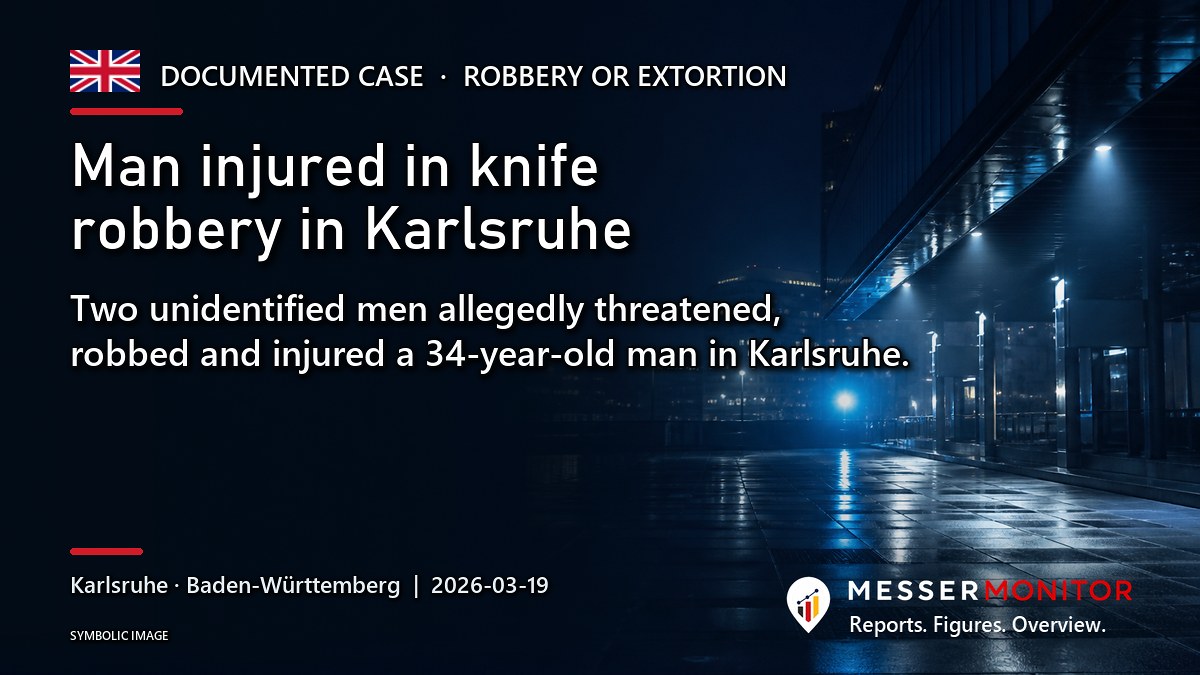 Title image: Man injured in knife robbery in Karlsruhe. Two unidentified men allegedly threatened, robbed and injured a 34-year-old man in Karlsruhe..