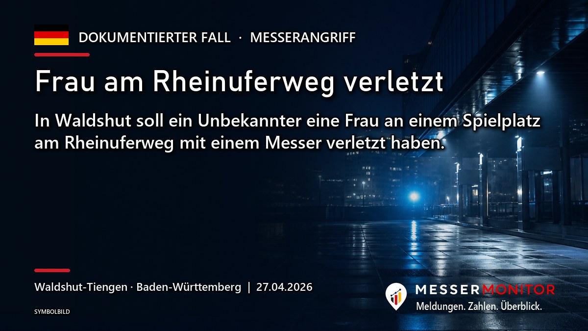Titelgrafik: Frau am Rheinuferweg verletzt. In Waldshut soll ein Unbekannter eine Frau an einem Spielplatz am Rheinuferweg mit einem Messer verletzt haben..