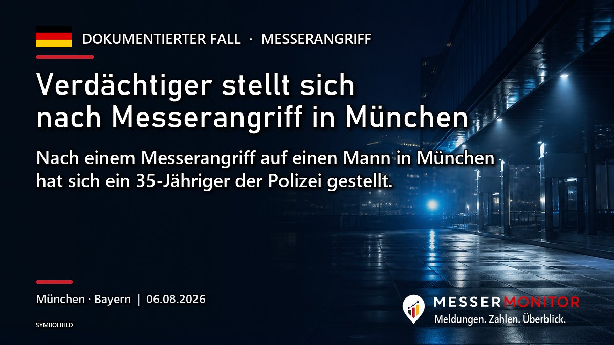 Titelgrafik: Verdächtiger stellt sich nach Messerangriff in München. Nach einem Messerangriff auf einen Mann in München hat sich ein 35-Jähriger der Polizei gestellt..